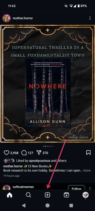 Pressing + button in Instagram app to create new post.