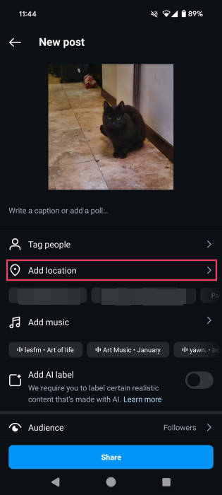 Tapping "Add location" button in Instagram posting screen. 