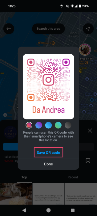 Generating QR code fro place on Instagram app. 