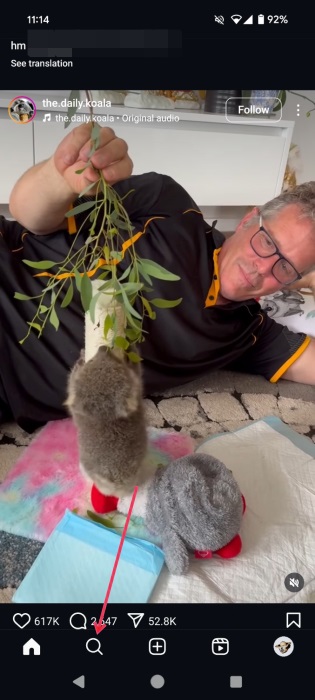 Switching to Search tab in the Instagram app. 