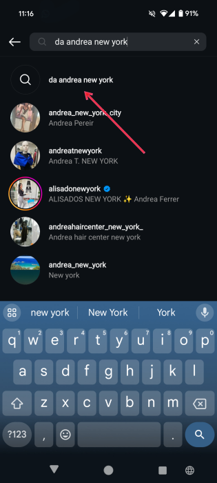 Selecting first result in Instagram search. 