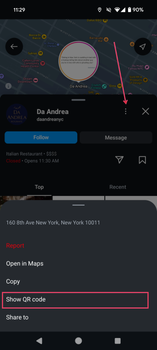 Pressing "Show QR code" option in Instagram page for place. 