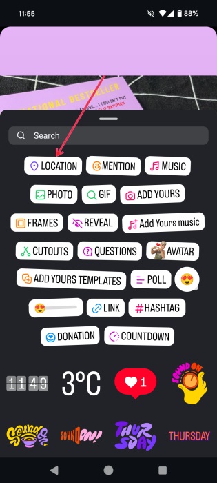 Opting for the Location sticker in Instagram Story.