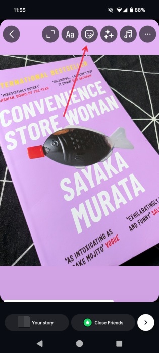 Pressing on Sticker icon in Instagram Story. 