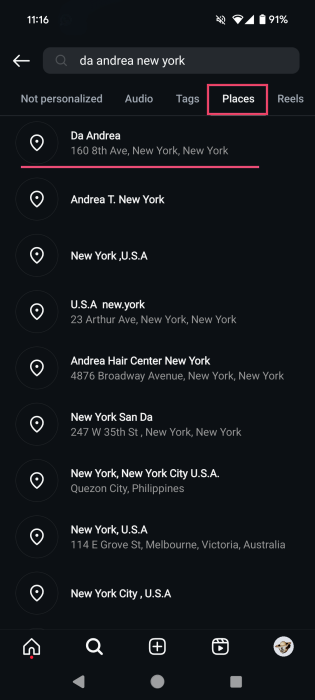 Switching to the Places tab in Instagram Search. 