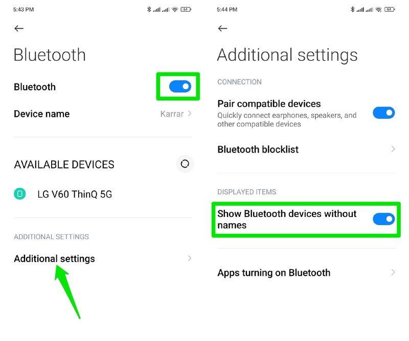 Show Bluetooth Devices Without names option in Android