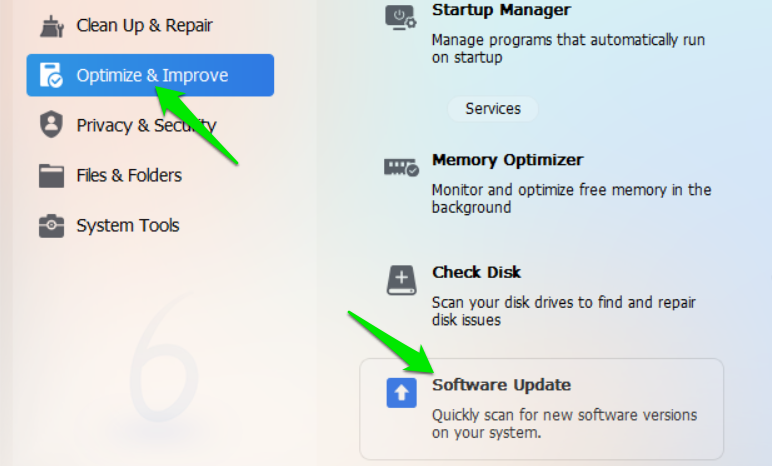 Software Update option in Glary Utilities