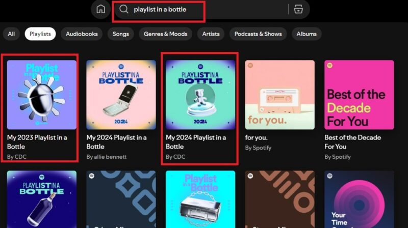 Searching for playlist in a bottle.