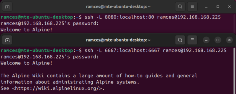 A couple of terminals showing two SSH tunnels running on the same system.