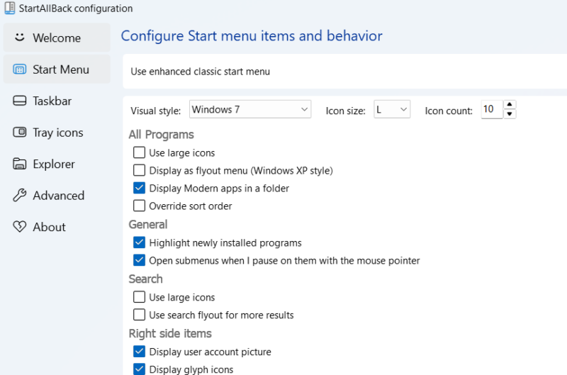 Startallback Settings showing Start menu options