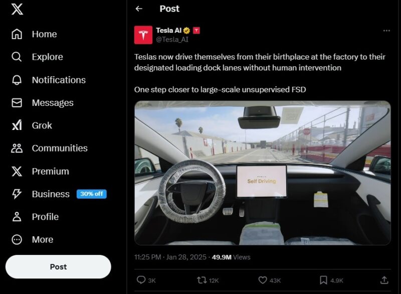 Tesla AI post on X showing self driving cars.