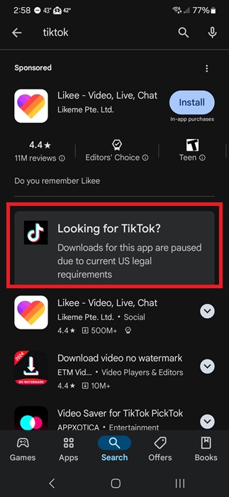 TikTok ban message in the Google Play Store.