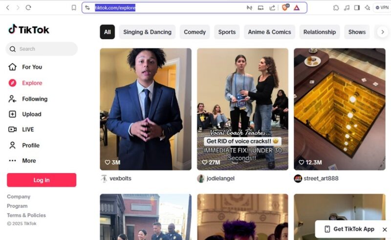 TikTok site loaded in browser as ban is temporarily lifted.