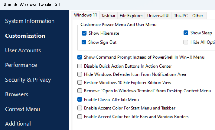 Ultimate Windows Tweaker customization options