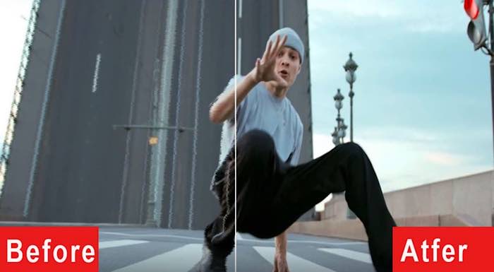 Before and after of man breakdancing