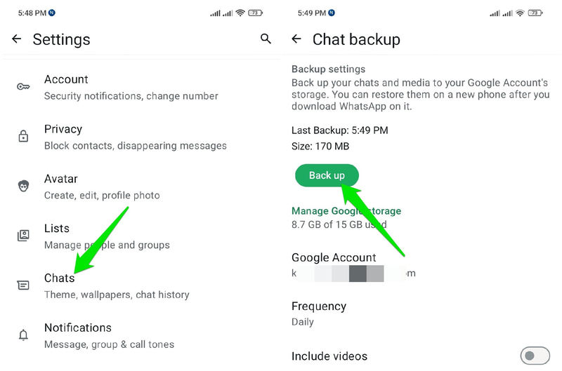 Back up options in WhatsApp