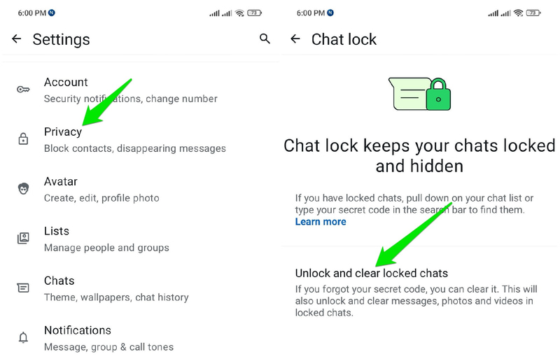 Unlock and clear chat option in WhatsApp