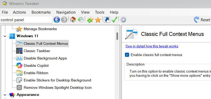 Winaero Tweaker showing Windows 11 tweaks
