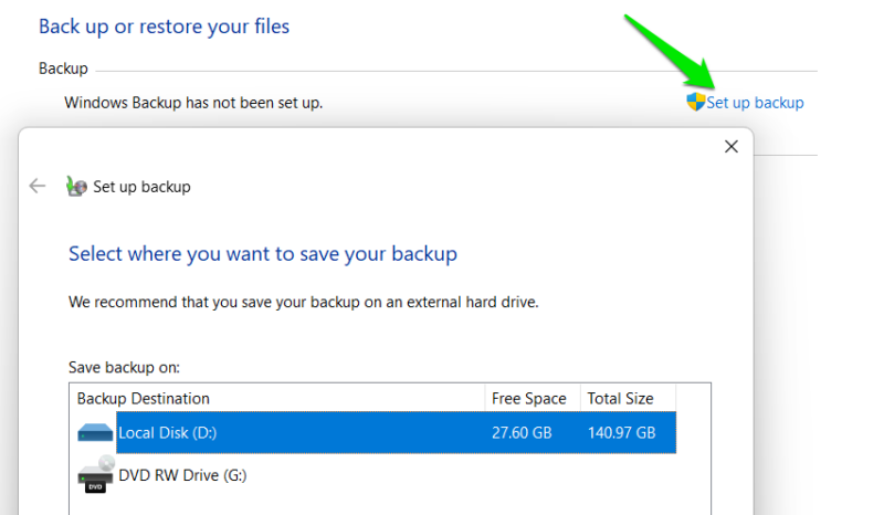 Windows Backup And Restore function main interface
