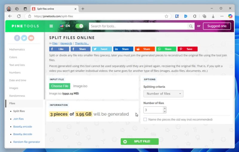 Windows Split File Pinetools Online Splitter