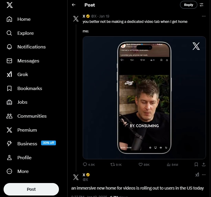 X post describing new vertical video feed.