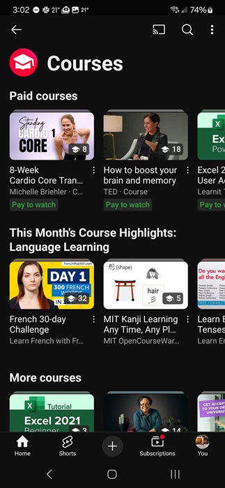 YouTube Courses page.