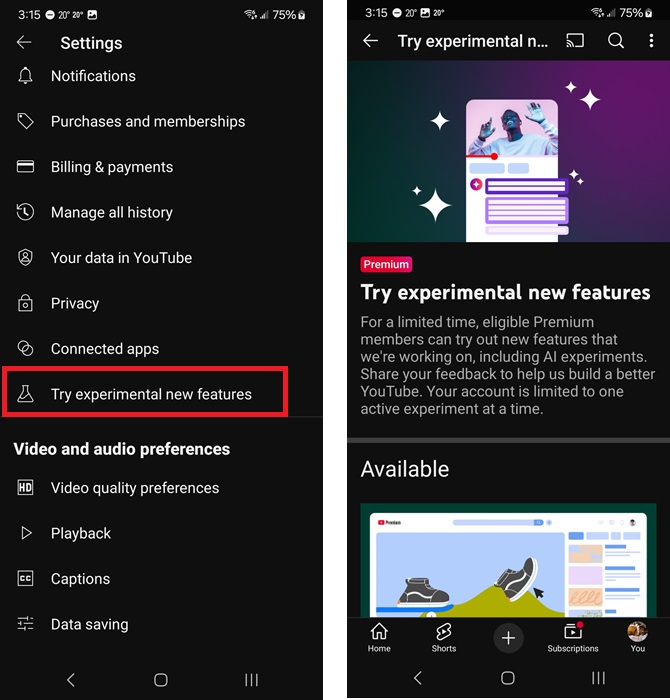 Trying new YouTube features
