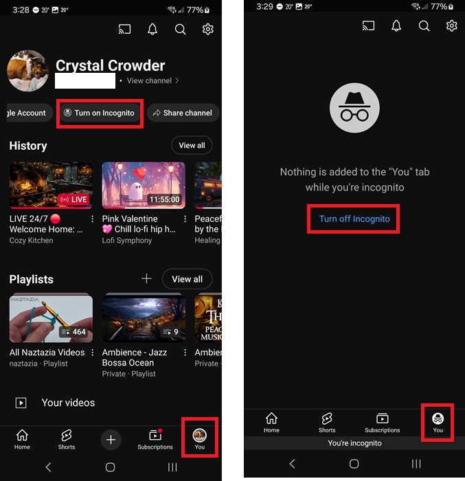 Turning YouTube incognito on and off.