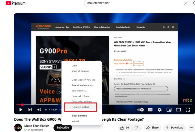 YouTube PiP on desktop.