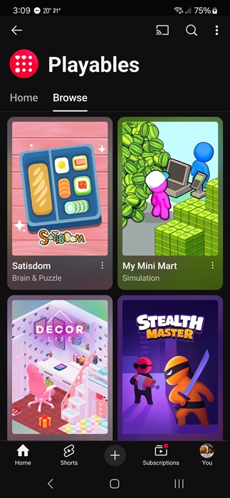 Finding new games on YouTube Playables.