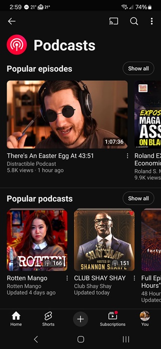 YouTube podcasts on Android