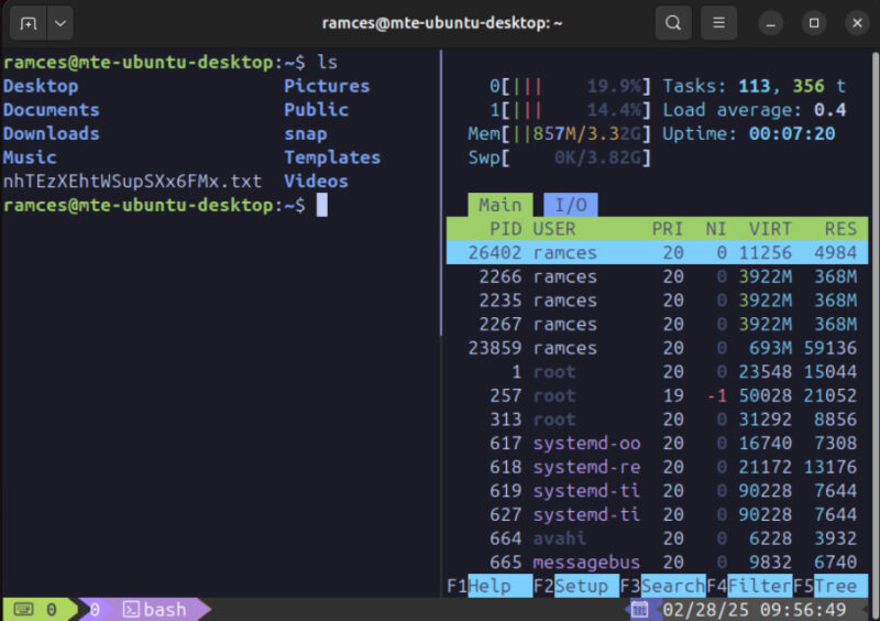 A terminal showing the subdued colors of Tmux-tokyo-night with a couple of terminal apps.