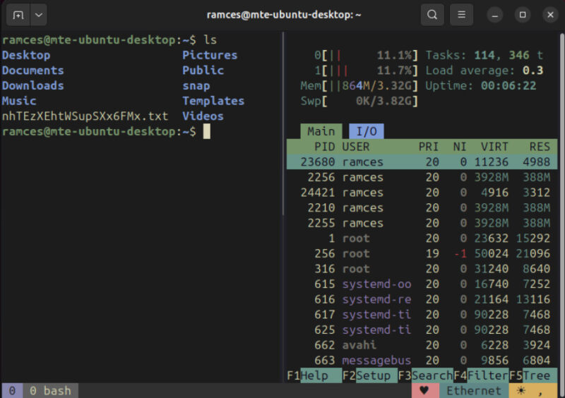 A terminal showing the warmer colors of Tmux-kanagawa on a couple of Terminal apps.