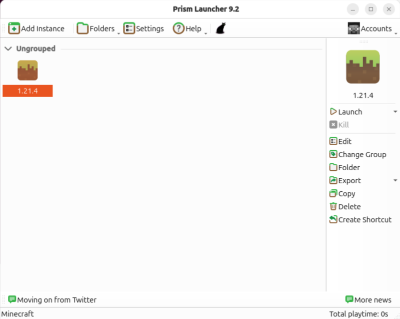 A screenshot showing the Prism Launcher default screen in Ubuntu Linux.