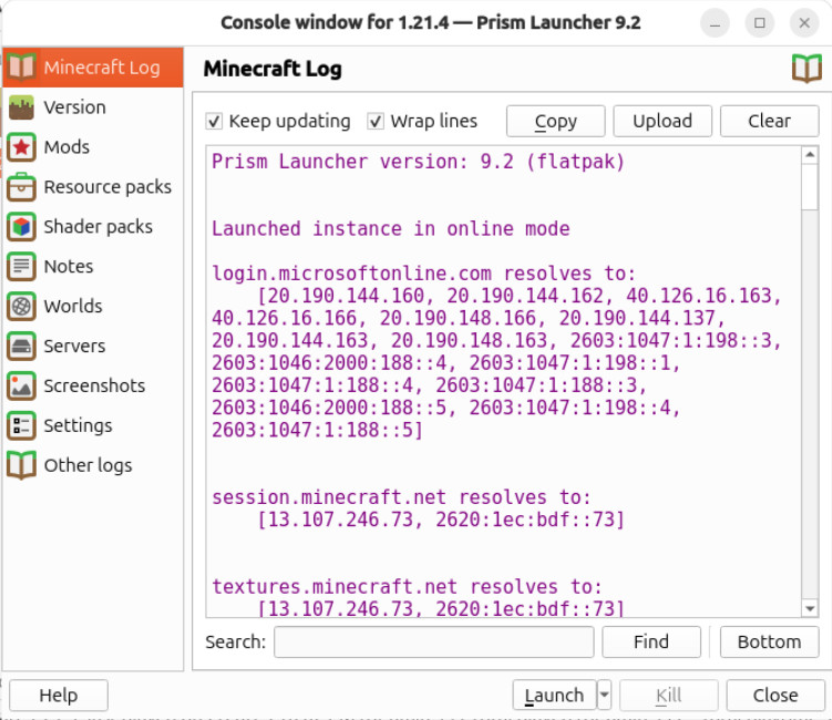A screenshot showing the logs generated by Prism Launcher for a Minecraft instance.