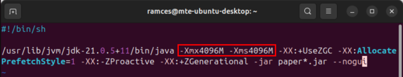A terminal showing a basic server startup script for Minecraft.