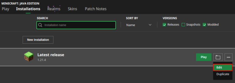 A screenshot showing the instance editing menu for the default Minecraft Launcher.