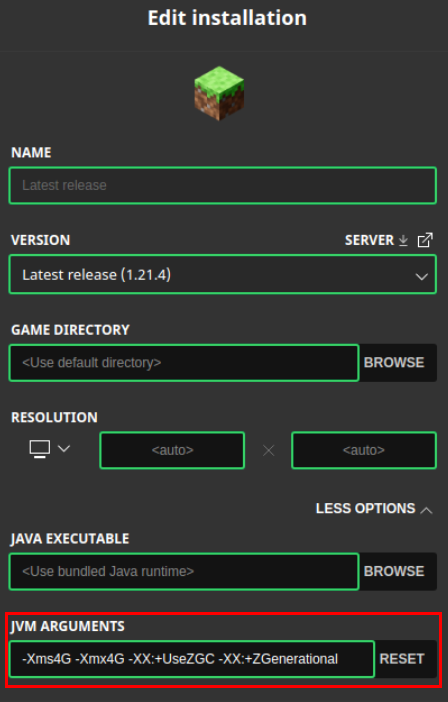 A screenshot highlighting the modified JVM arguments that use Generational ZGC.