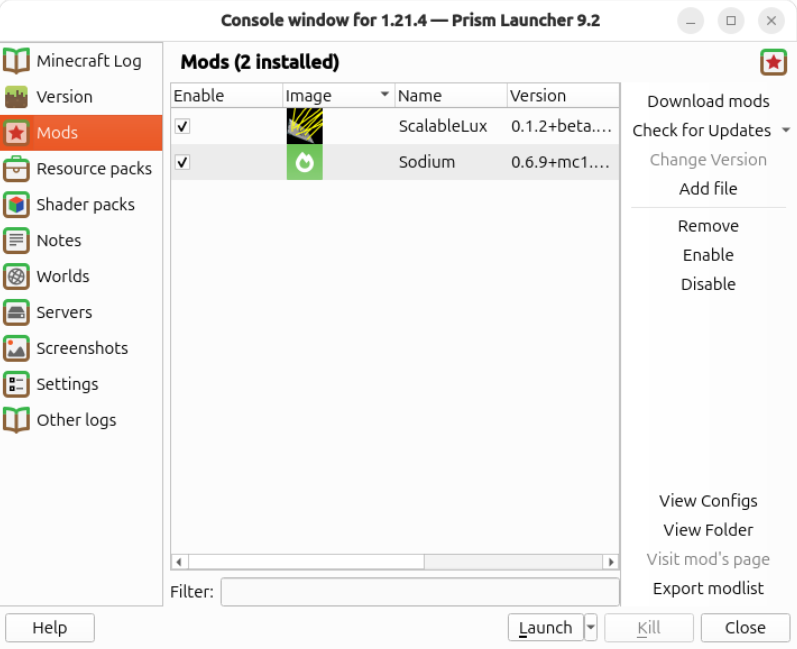 A screenshot showing two popular performance mods for Minecraft.