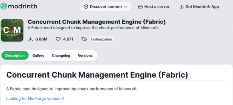 A screenshot showing the webpage for the Concurrent Chunk Management Engine, a chunk performance mod for Minecraft.