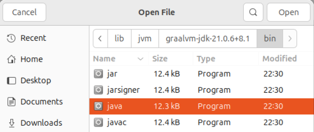 A screenshot showing the browse window showing the location of the GraalVM JVM binary.