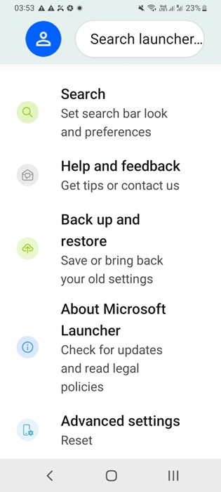 Microsoft Launcher for Android settings in detail.
