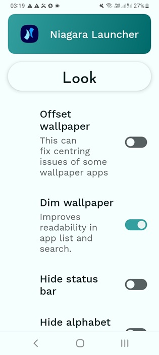 Offset wallpaper and Dim wallpaper features in Niagara Launcher.