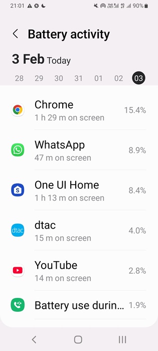 Various apps in Android listed by their battery activity, monitored using Battery usage settings.