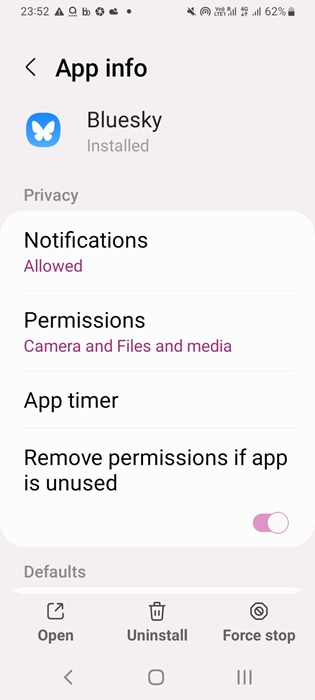 An app's info with settings to "force stop/stop" and remove permissions if unused.