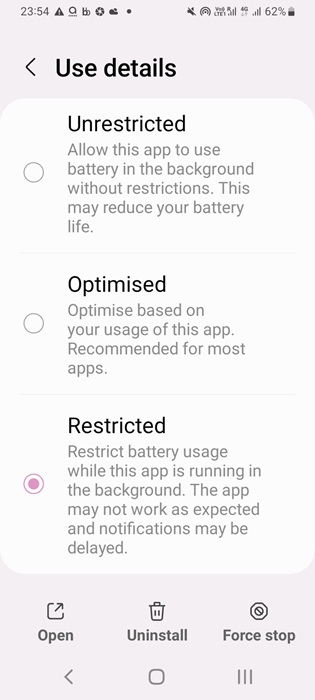 Setting an unused Android app's battery usage settings to "Restricted."