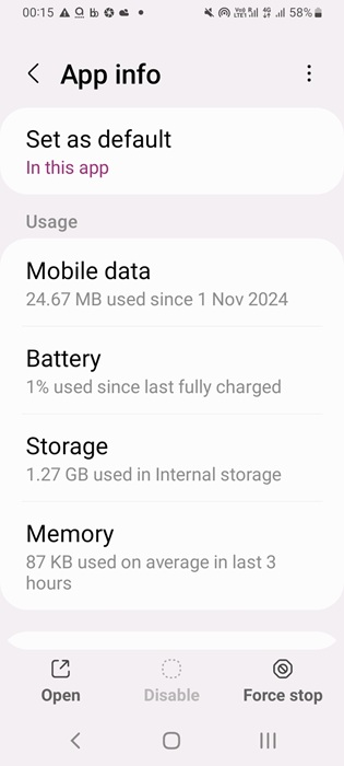 An unused Android system app consuming 1 percent battery since last charge.