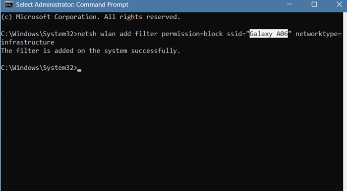 Blacklist filter added successfully to an SSID in the command prompt.