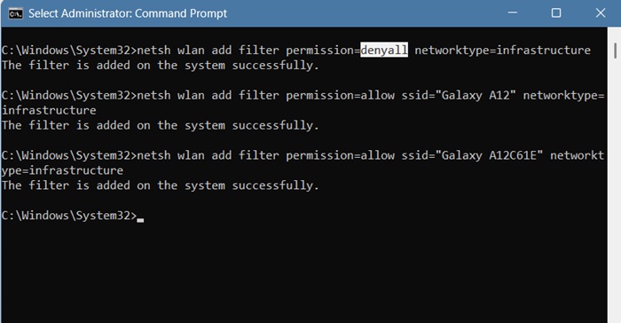 Adding "DenyAll"filter to blacklist all Wi-Fi networks in bulk while allowing exceptions in subsequent lines.
