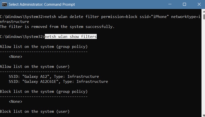 Show filters command in command prompt to display all blacklisted Wi-Fi networks.